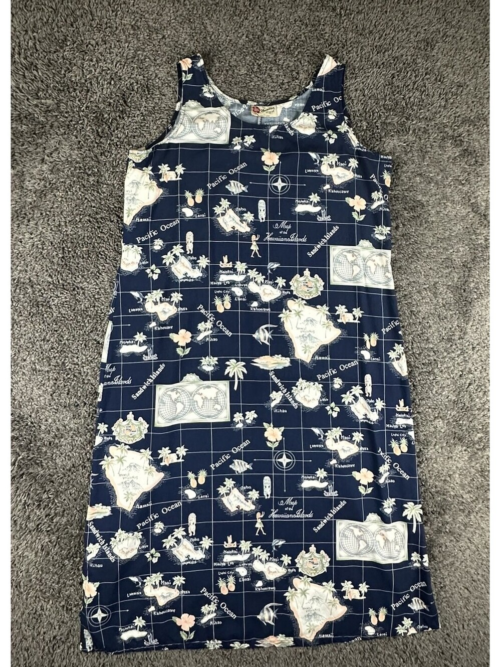 Vintage Hilo Hattie Womens XL Navy Blue Hawaiian Island Map Tank Dress USA